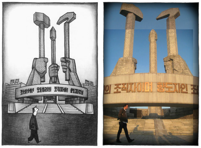 Monumento à Fundação do Partido. Arte de Delisle. Foto de Deemer and Wood em Pyongyanf Too (2011).