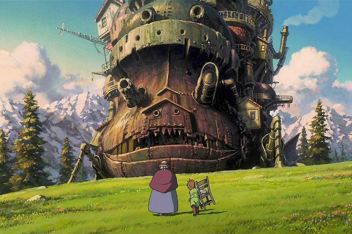 Um personagem de desenho animado do filme é mostrado com um castelo ao  fundo.